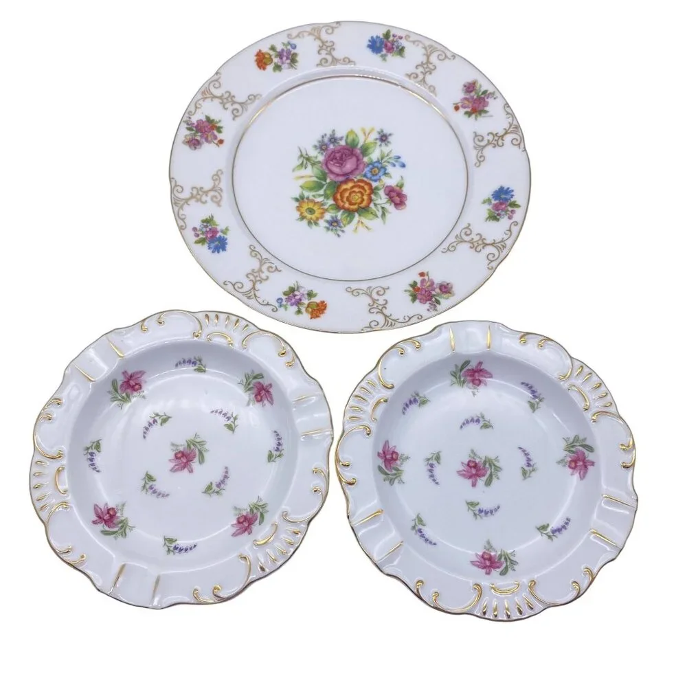 Vintage Shabby Chic floral hand‎ painted plates Japan Cream tea decor chintz